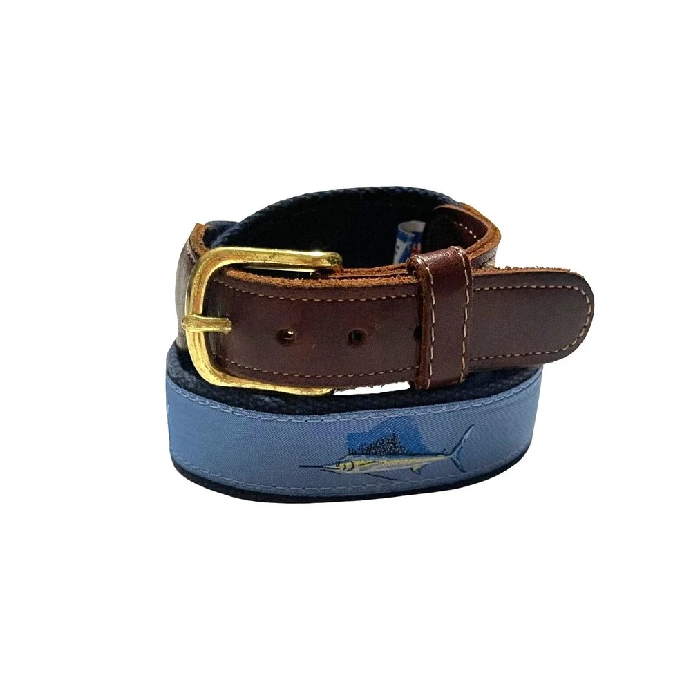 Preston Brown Leather Blue Woven Sailfish Ribbon Belt with Brass Buckle L